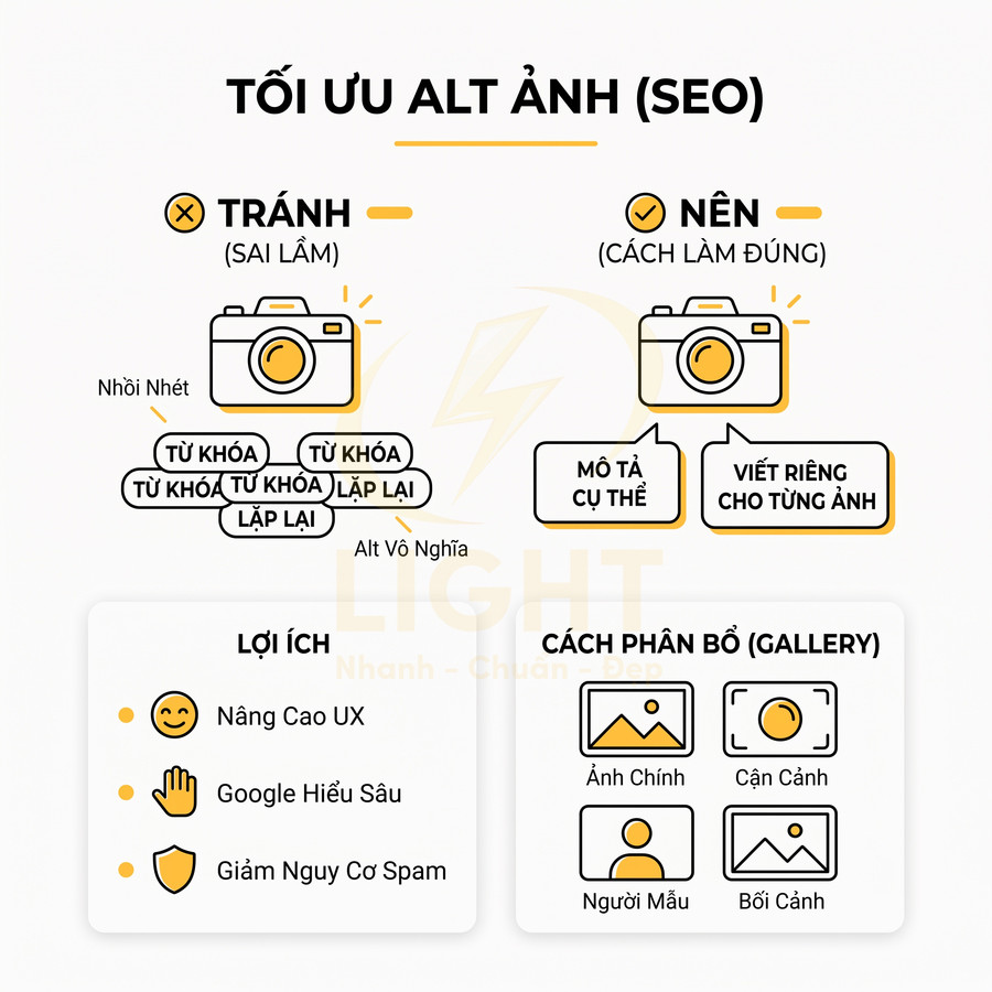 Hướng dẫn tối ưu thẻ alt ảnh cho SEO với ví dụ cách viết đúng và sai, lợi ích và cách phân bổ ảnh gallery