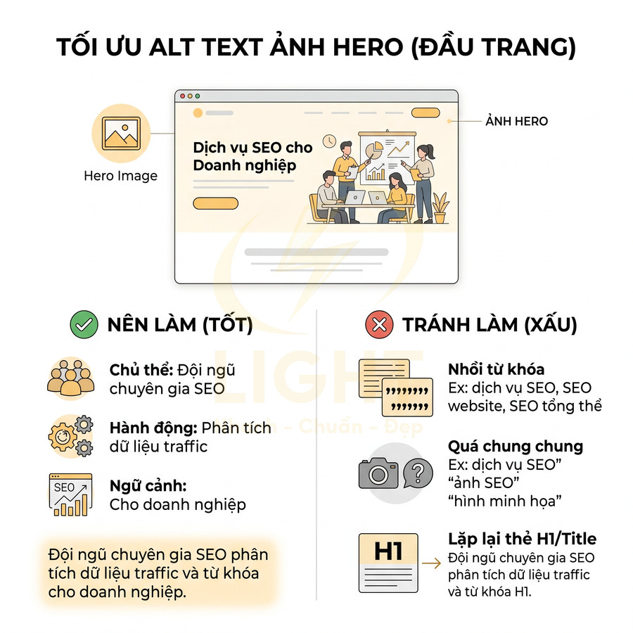 Hướng dẫn tối ưu alt text cho ảnh hero SEO với ví dụ đội ngũ chuyên gia phân tích dữ liệu traffic doanh nghiệp