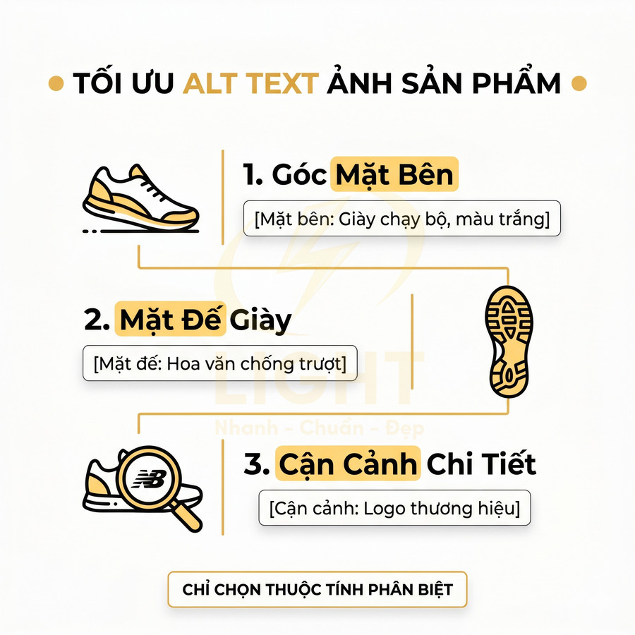 Hướng dẫn tối ưu alt text ảnh sản phẩm giày chạy bộ với góc mặt bên, mặt đế và cận cảnh logo
