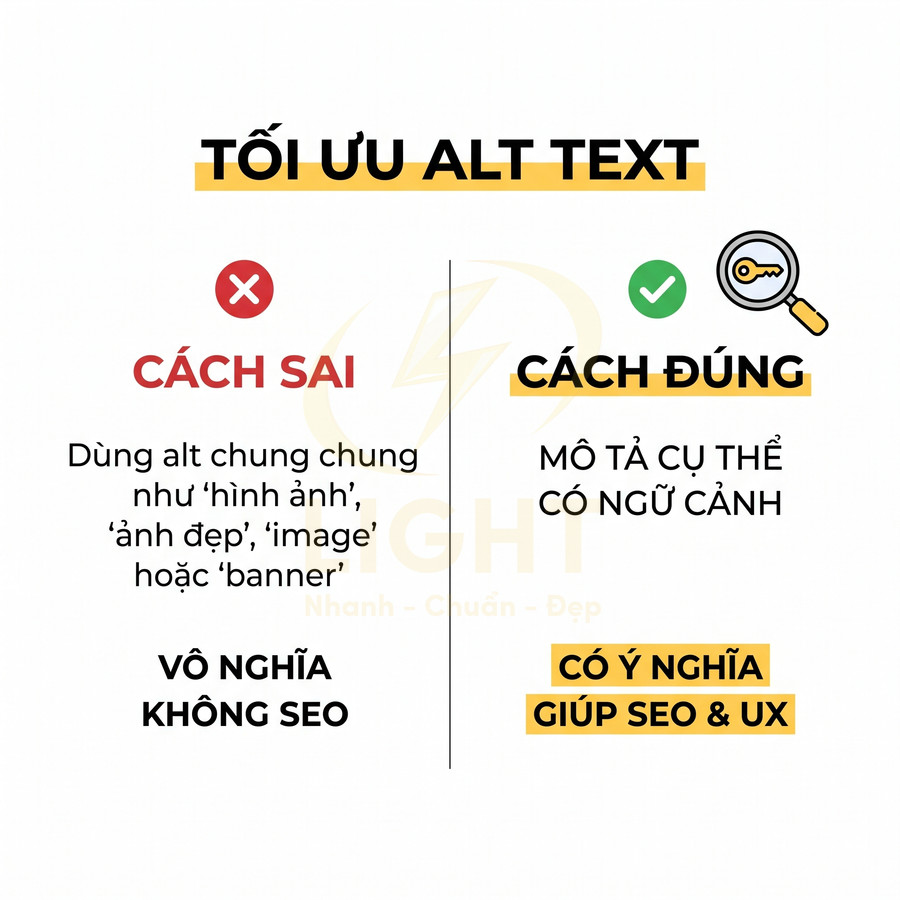 Hướng dẫn tối ưu alt text với ví dụ cách sai và cách đúng để cải thiện SEO và trải nghiệm người dùng