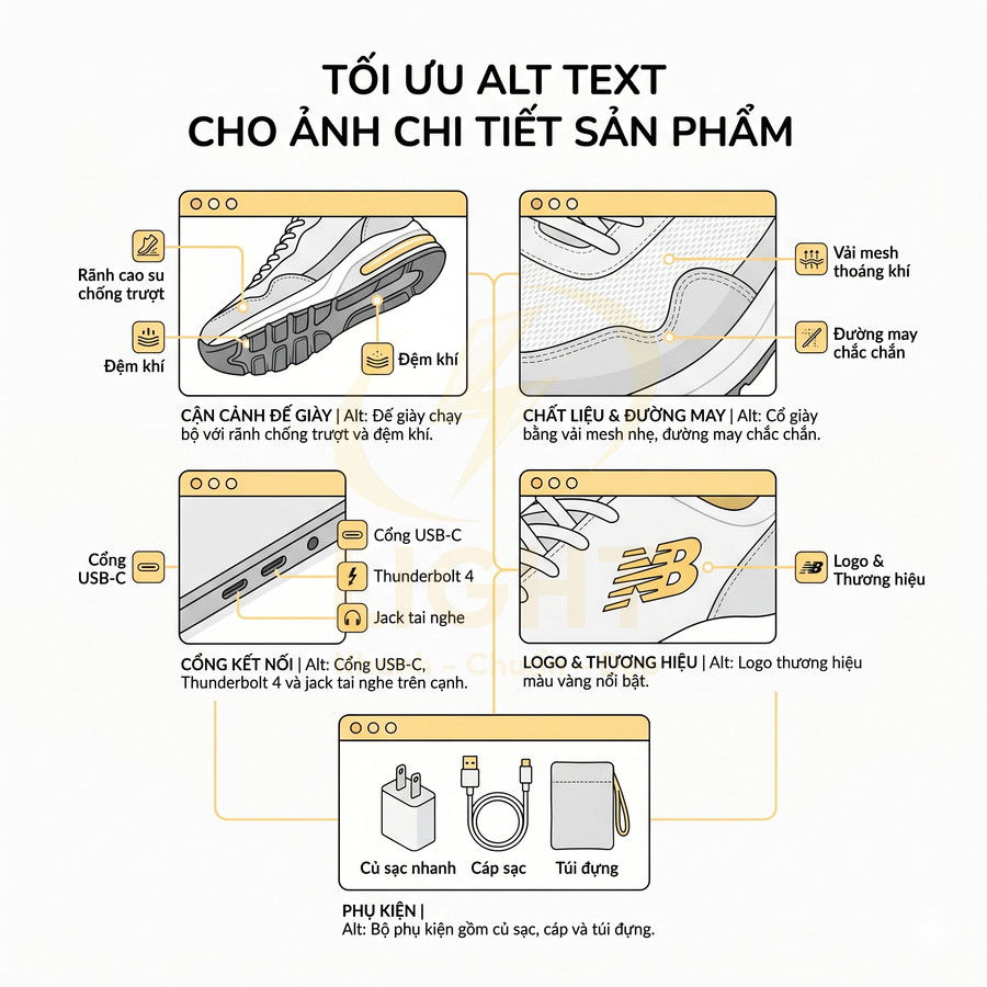 Hướng dẫn tối ưu thẻ alt cho ảnh chi tiết sản phẩm giày thể thao, laptop và phụ kiện
