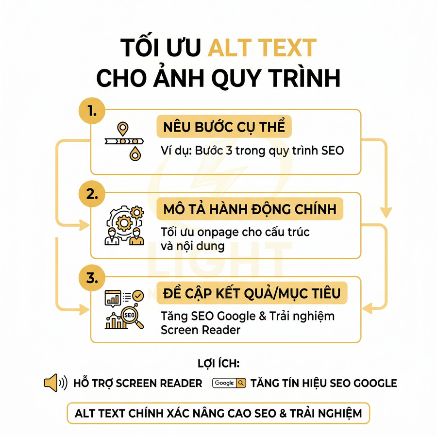 Hướng dẫn tối ưu alt text cho ảnh quy trình với 3 bước và lợi ích tăng SEO, hỗ trợ screen reader