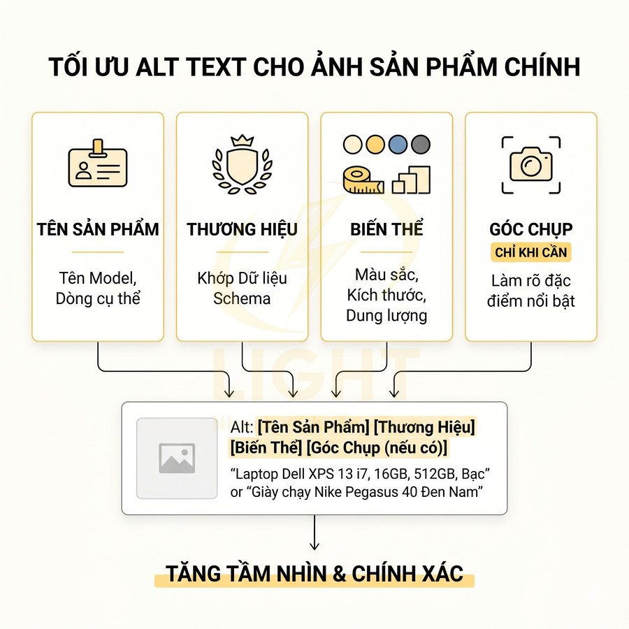 Hướng dẫn tối ưu alt text cho ảnh sản phẩm chính với tên sản phẩm thương hiệu biến thể và góc chụp