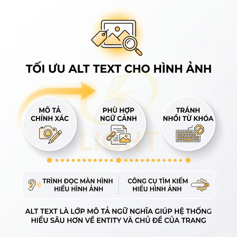 Hướng dẫn tối ưu alt text cho hình ảnh với các nguyên tắc mô tả chính xác, phù hợp ngữ cảnh, tránh nhồi từ khóa