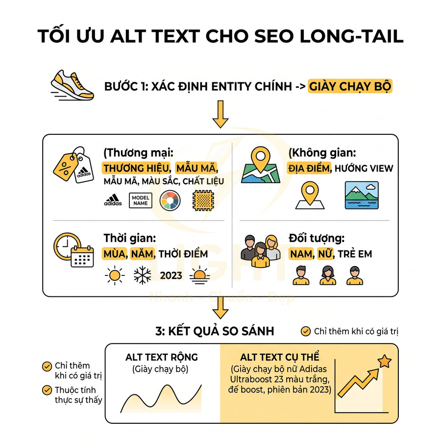 Hướng dẫn tối ưu thẻ alt SEO long tail cho giày chạy bộ với ví dụ giày Adidas Ultraboost 23