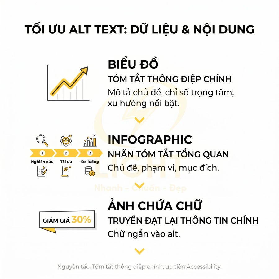 Hướng dẫn tối ưu alt text với biểu đồ, infographic và ảnh chứa chữ, nhấn mạnh tóm tắt thông điệp chính