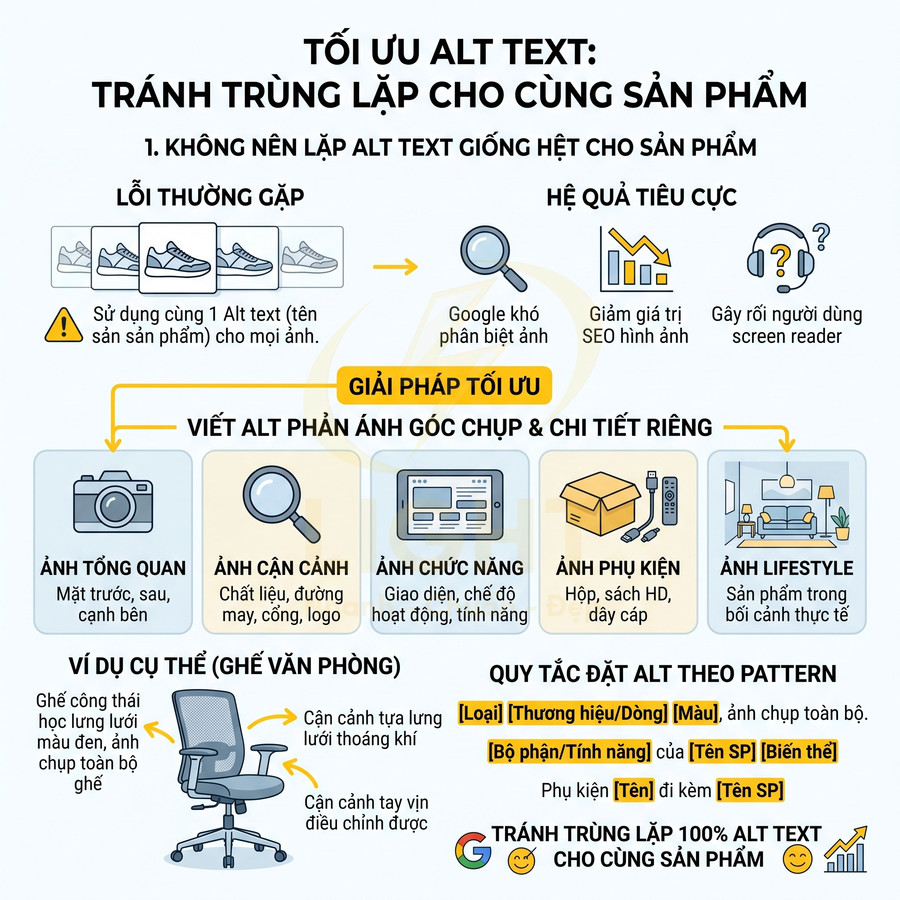 Hướng dẫn tối ưu alt text tránh trùng lặp cho cùng sản phẩm với ví dụ ghế văn phòng