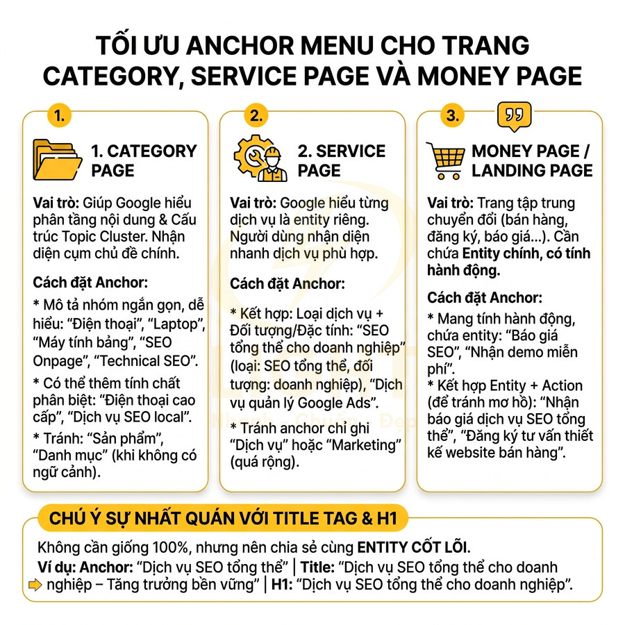 Hướng dẫn tối ưu anchor menu cho category page service page và money page trong chiến lược SEO