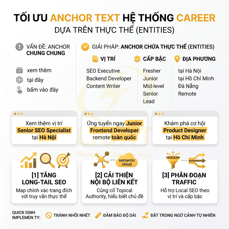 Infographic tối ưu anchor text hệ thống career theo thực thể để tăng SEO, cải thiện liên kết nội bộ và phân đoạn traffic