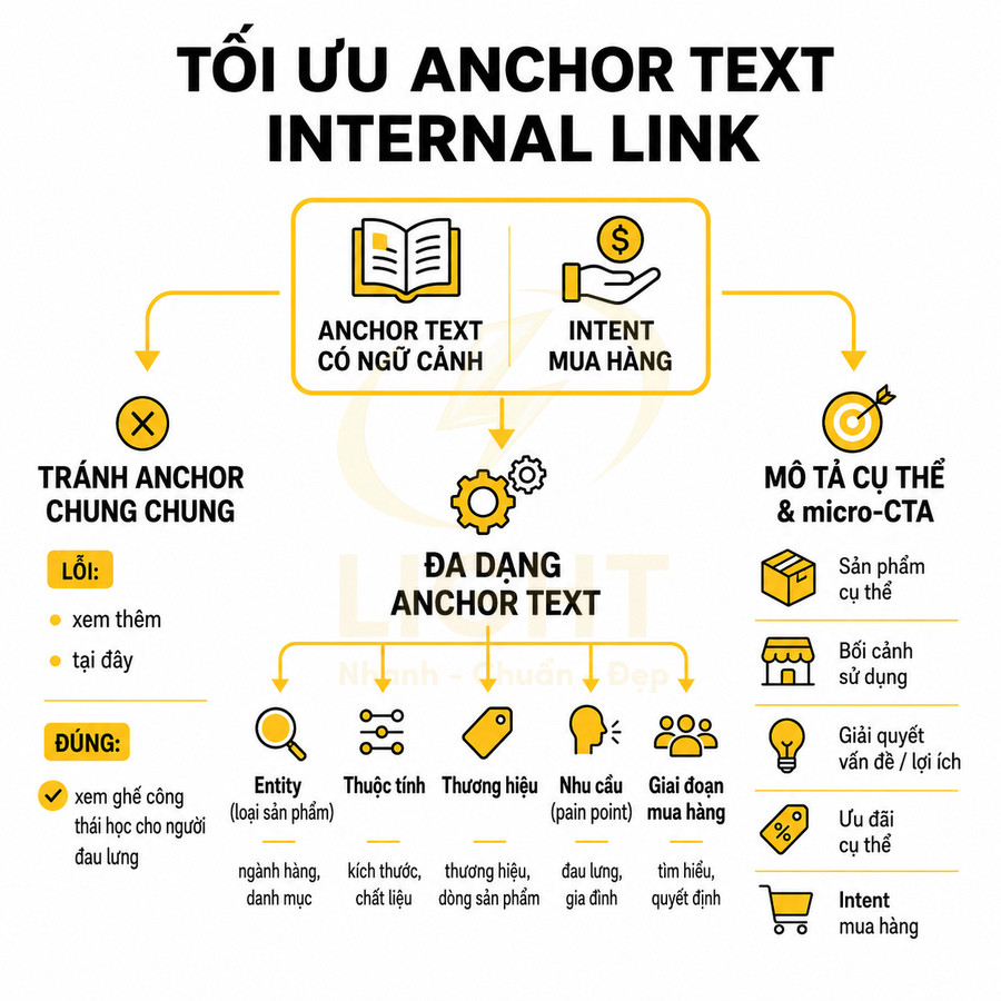 Hướng dẫn tối ưu anchor text internal link với ví dụ tránh anchor chung chung và cách mô tả cụ thể, đa dạng anchor text