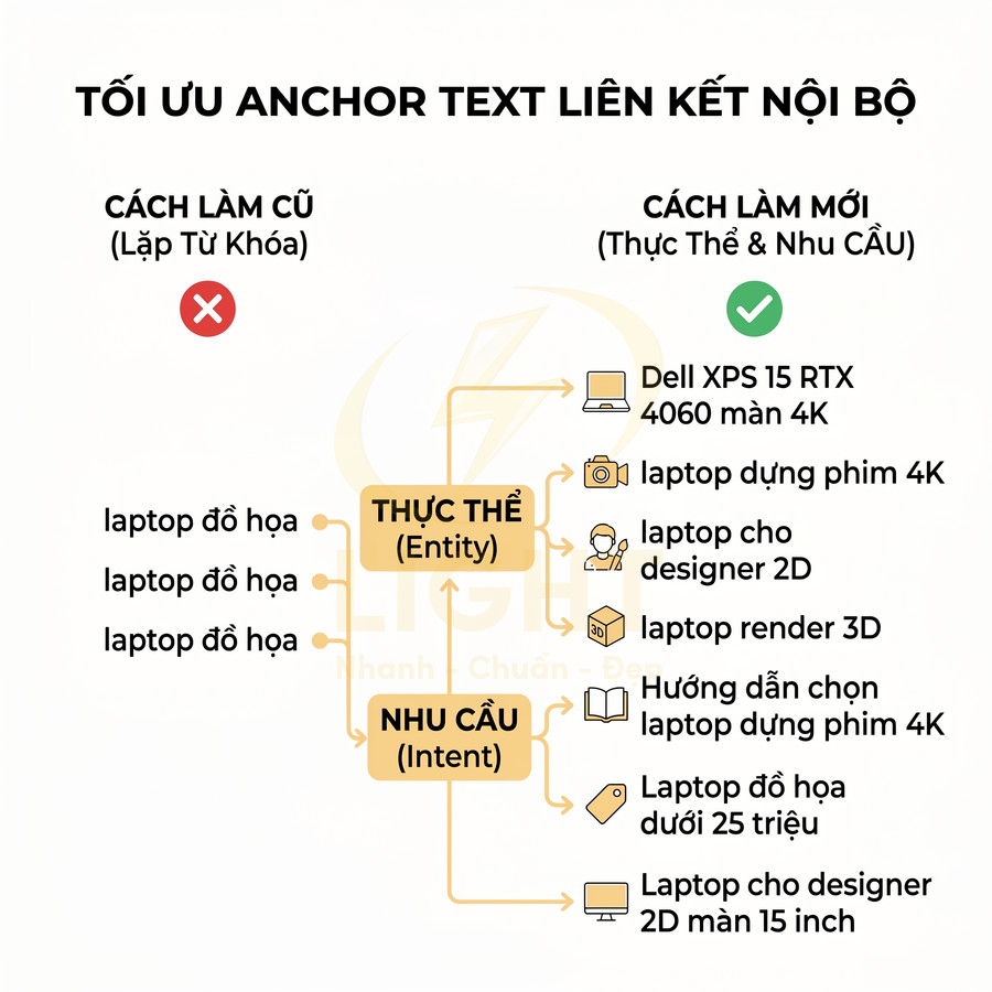 Hướng dẫn tối ưu anchor text nội bộ so sánh cách lặp từ khóa cũ và cách mới theo thực thể và nhu cầu