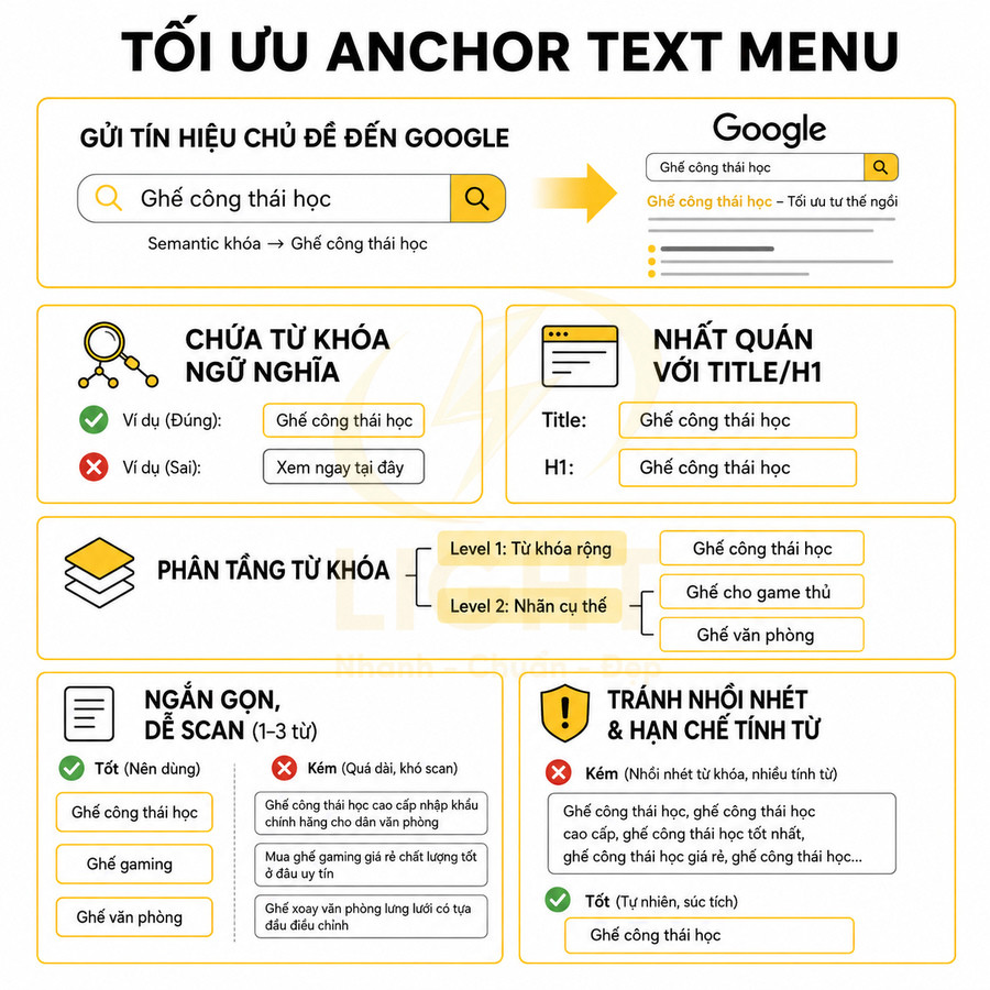 Hướng dẫn tối ưu anchor text menu với ví dụ từ khóa ghế công thái học trong SEO