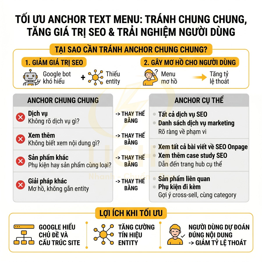 Infographic hướng dẫn tối ưu anchor text menu tránh chung chung để tăng giá trị SEO và trải nghiệm người dùng