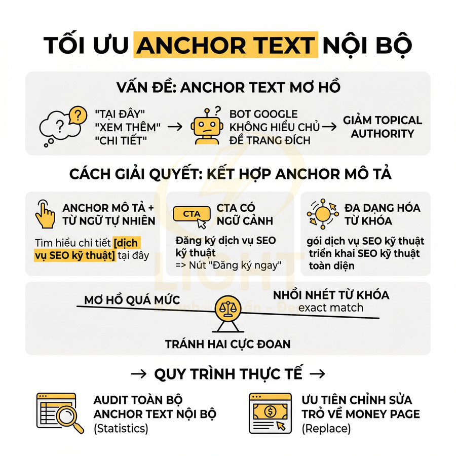 Infographic hướng dẫn tối ưu anchor text nội bộ trong SEO với ví dụ mô tả, CTA và quy trình audit anchor text