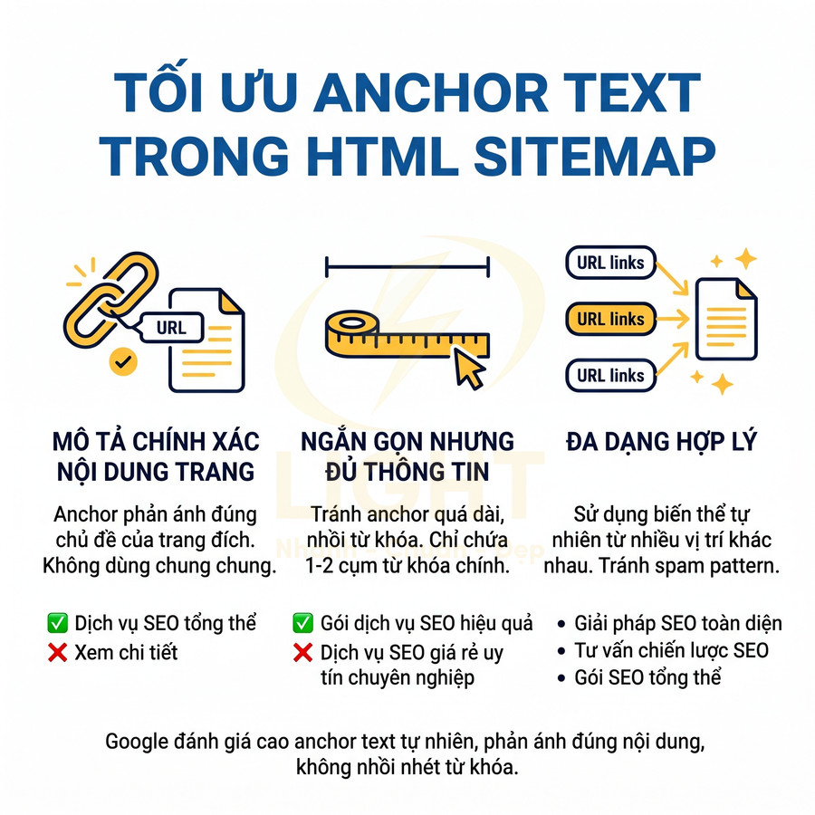 Hướng dẫn tối ưu anchor text trong HTML sitemap với mô tả chính xác, ngắn gọn và đa dạng hợp lý