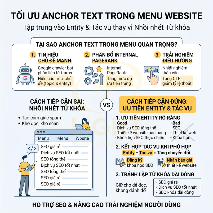 Infographic hướng dẫn tối ưu anchor text trong menu website, so sánh nhồi nhét từ khóa và ưu tiên entity, tác vụ để cải thiện SEO
