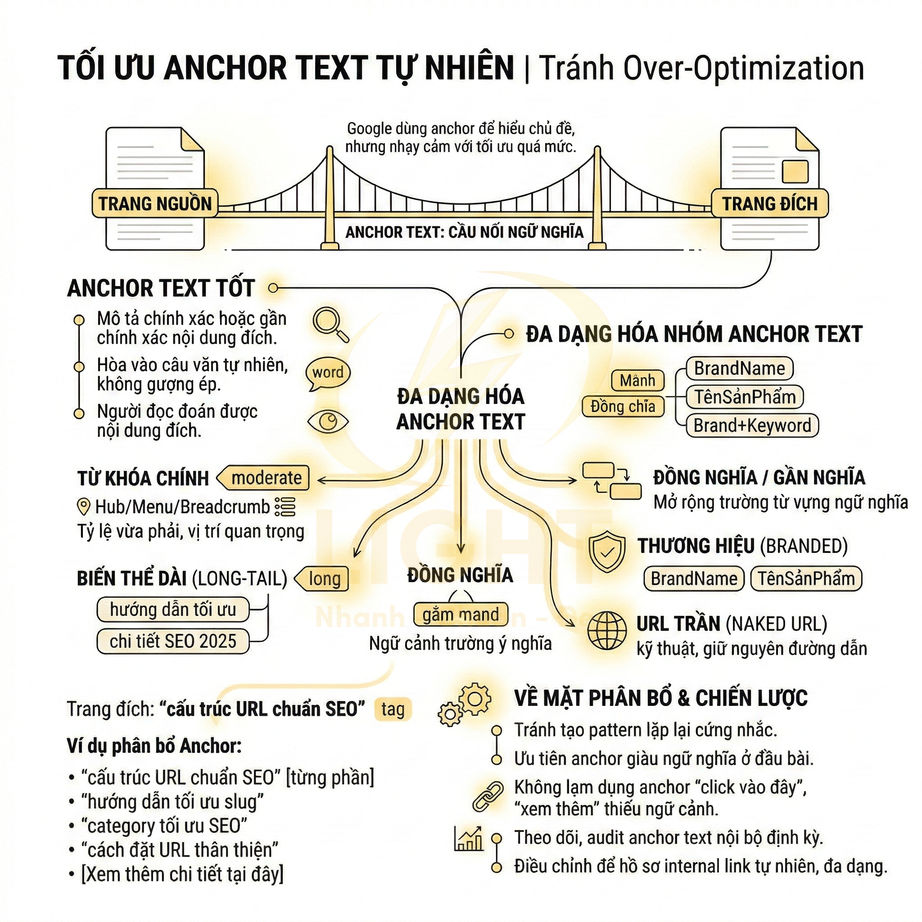Infographic hướng dẫn tối ưu anchor text tự nhiên trong SEO với các loại anchor và chiến lược phân bổ