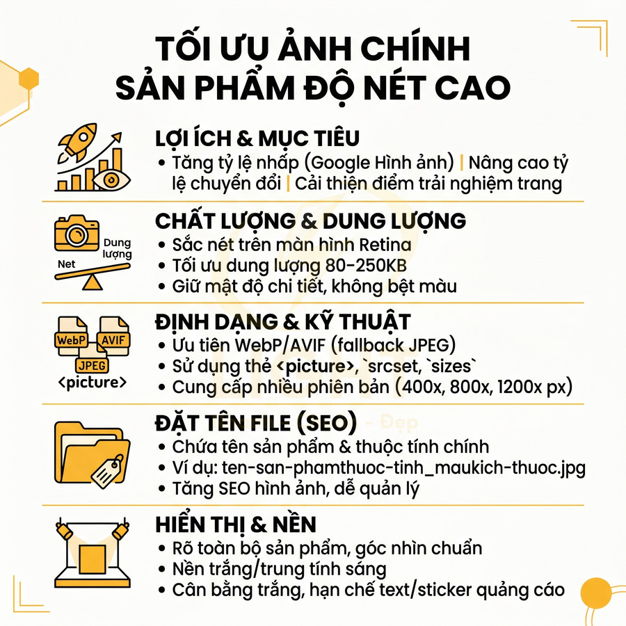Hướng dẫn tối ưu ảnh sản phẩm độ nét cao cho SEO với chất lượng, định dạng, tên file và nền hiển thị