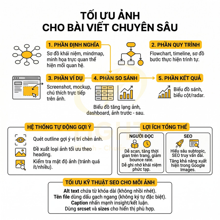Hướng dẫn tối ưu hình ảnh cho bài viết chuyên sâu và SEO với các phần định nghĩa, ví dụ, so sánh, kết quả