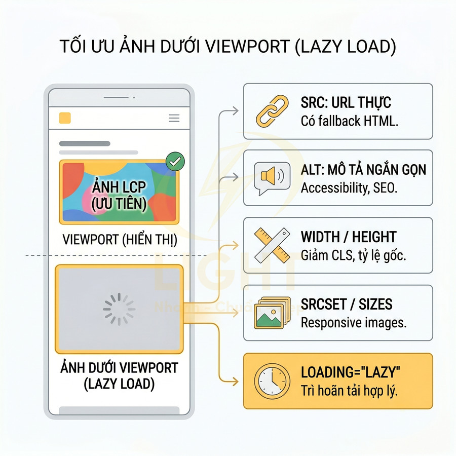 Hướng dẫn tối ưu ảnh dưới viewport với lazy load, thiết lập src, alt, kích thước, srcset và thuộc tính loading lazy