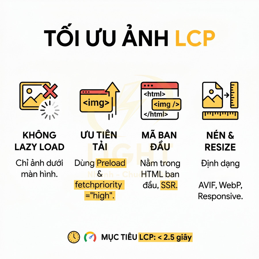 Hướng dẫn tối ưu ảnh LCP cho web: không lazy load, ưu tiên tải, đặt mã ảnh ban đầu, nén và resize responsive