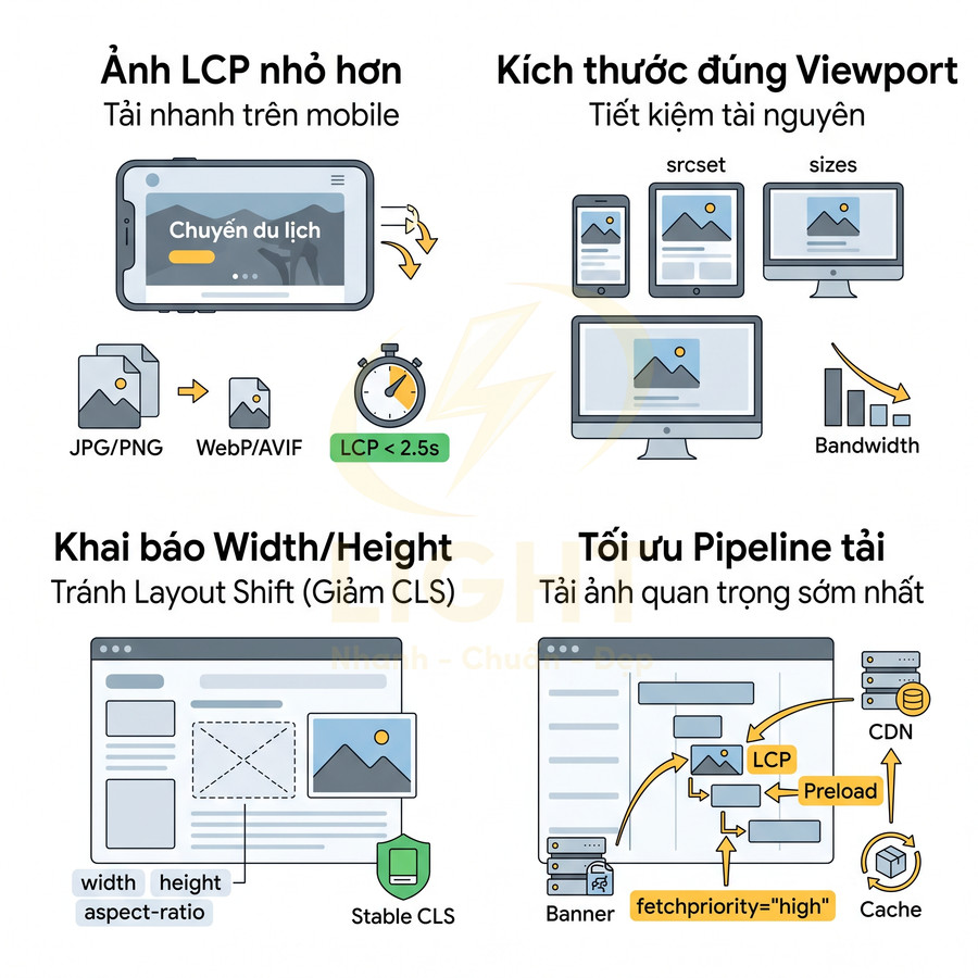 Minh họa các kỹ thuật tối ưu ảnh web: giảm LCP, chọn kích thước viewport, khai báo width height và tối ưu pipeline tải