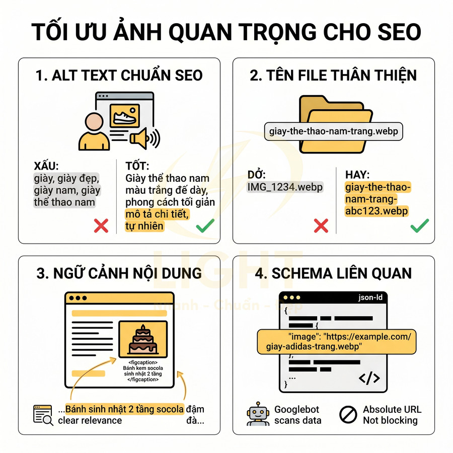 Hướng dẫn tối ưu ảnh cho SEO với ví dụ alt text, tên file, ngữ cảnh nội dung và schema liên quan