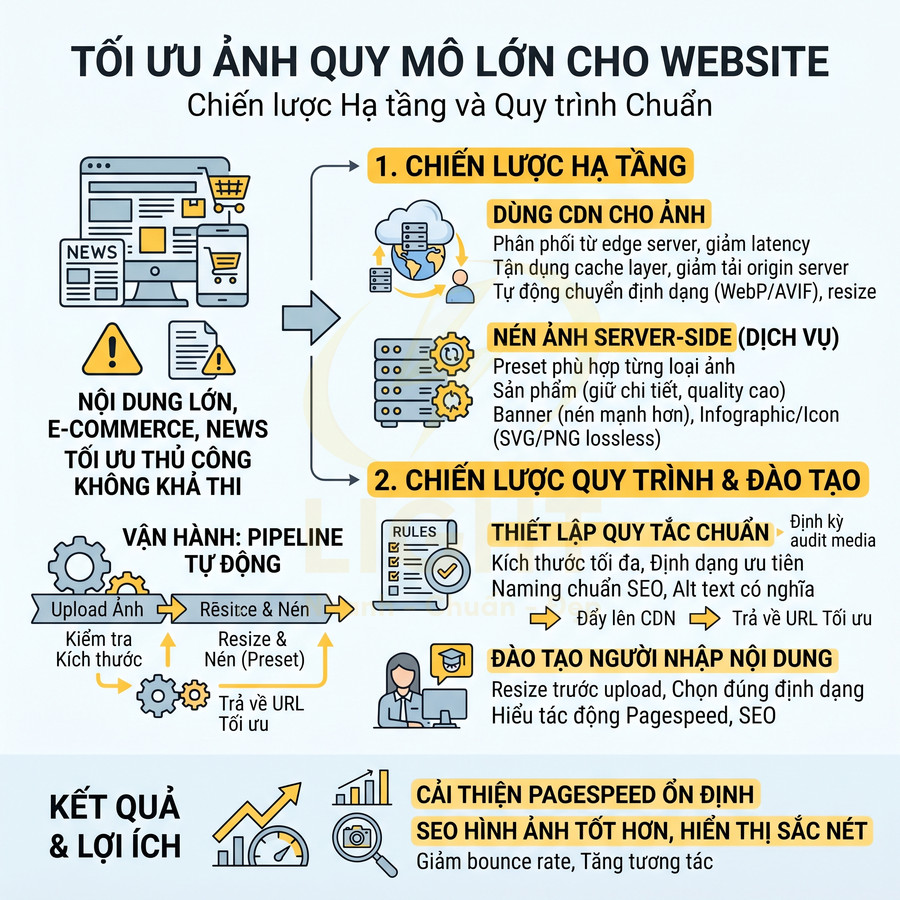 Infographic tối ưu ảnh quy mô lớn cho website với chiến lược hạ tầng, quy trình và lợi ích SEO