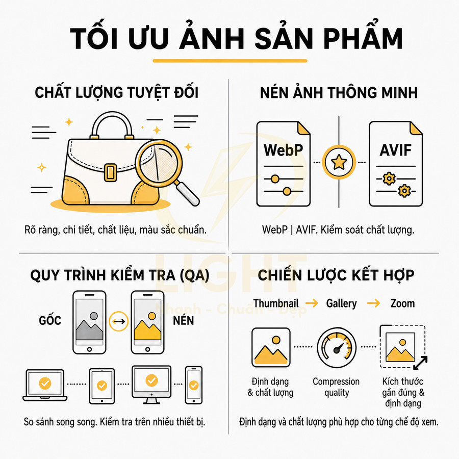 Hướng dẫn tối ưu ảnh sản phẩm với kiểm tra chất lượng, nén WebP AVIF và chiến lược thumbnail gallery zoom
