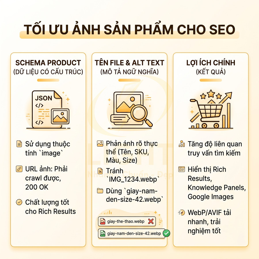 Hướng dẫn tối ưu ảnh sản phẩm cho SEO với schema product, tên file, alt text và lợi ích chính