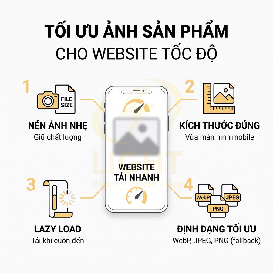Hướng dẫn tối ưu ảnh sản phẩm cho website tải nhanh với nén ảnh, kích thước đúng, lazy load và định dạng WebP JPEG PNG