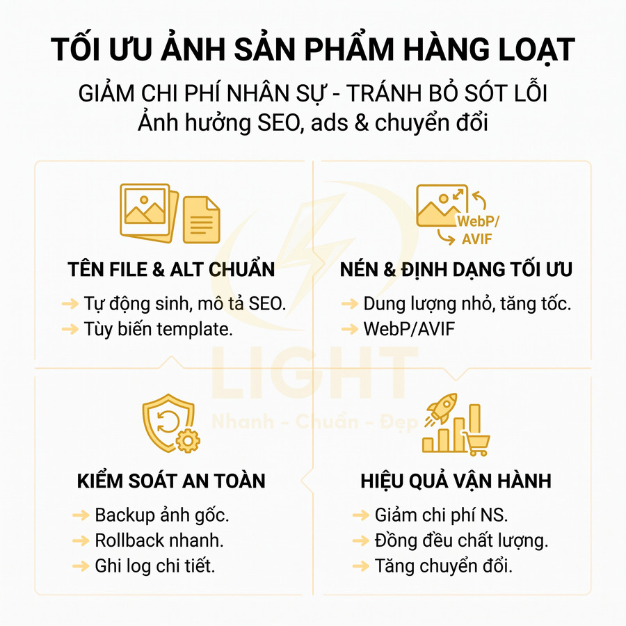 Banner giới thiệu giải pháp tối ưu ảnh sản phẩm hàng loạt giúp giảm chi phí, tăng tốc độ và cải thiện SEO
