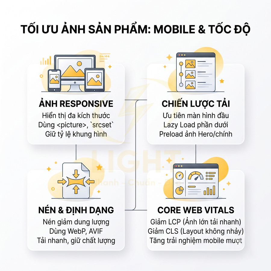 Hướng dẫn tối ưu ảnh sản phẩm cho mobile với ảnh responsive, nén WebP AVIF và cải thiện Core Web Vitals