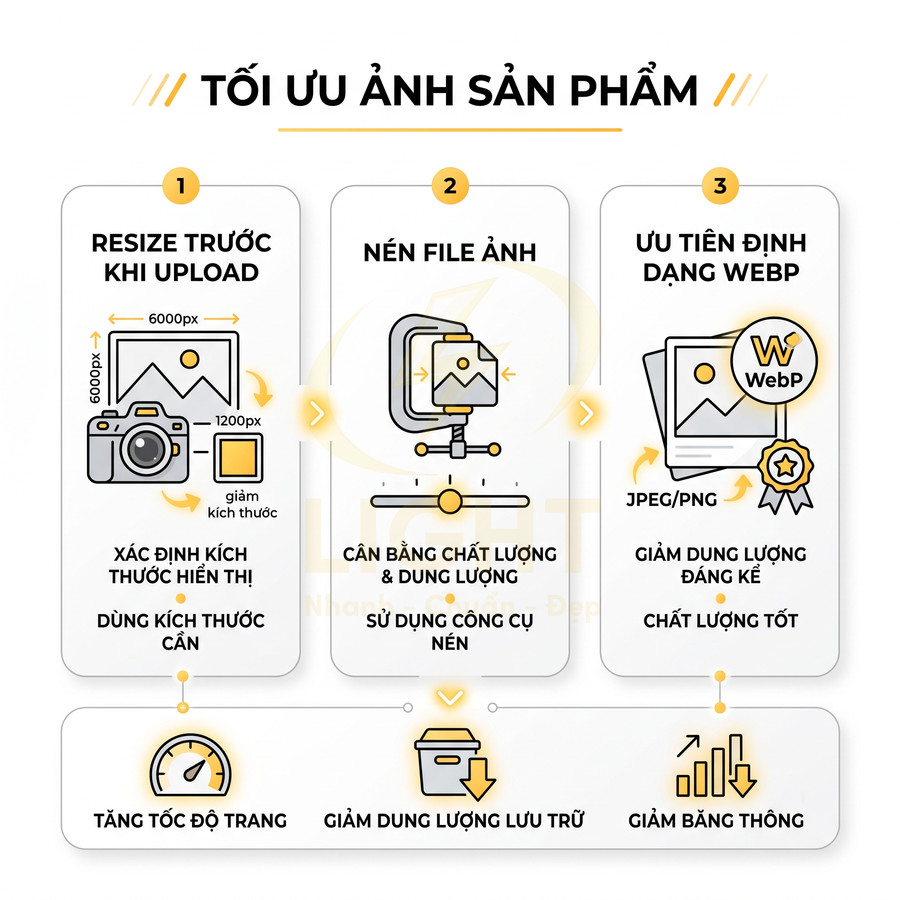 Hướng dẫn tối ưu ảnh sản phẩm: resize trước khi upload, nén file và ưu tiên định dạng WebP để giảm dung lượng