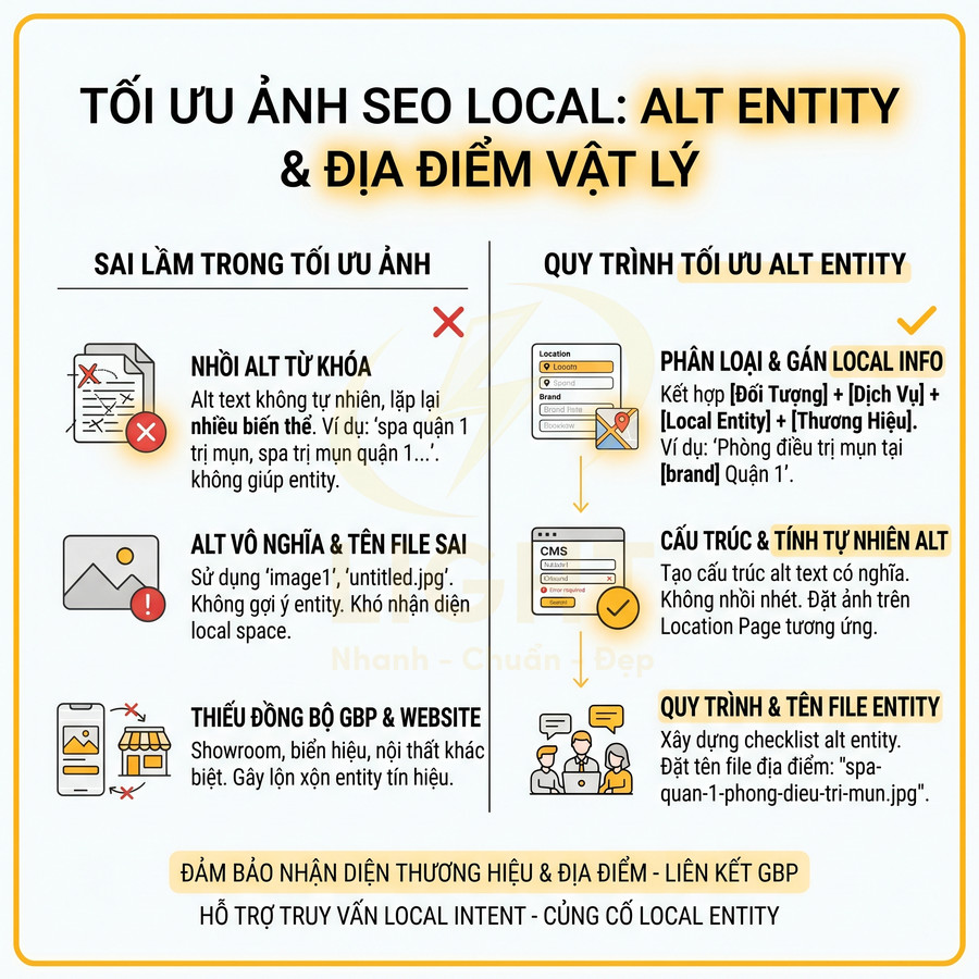 Hướng dẫn tối ưu ảnh SEO local với alt entity và địa điểm vật lý, tránh nhồi từ khóa và sai tên file ảnh
