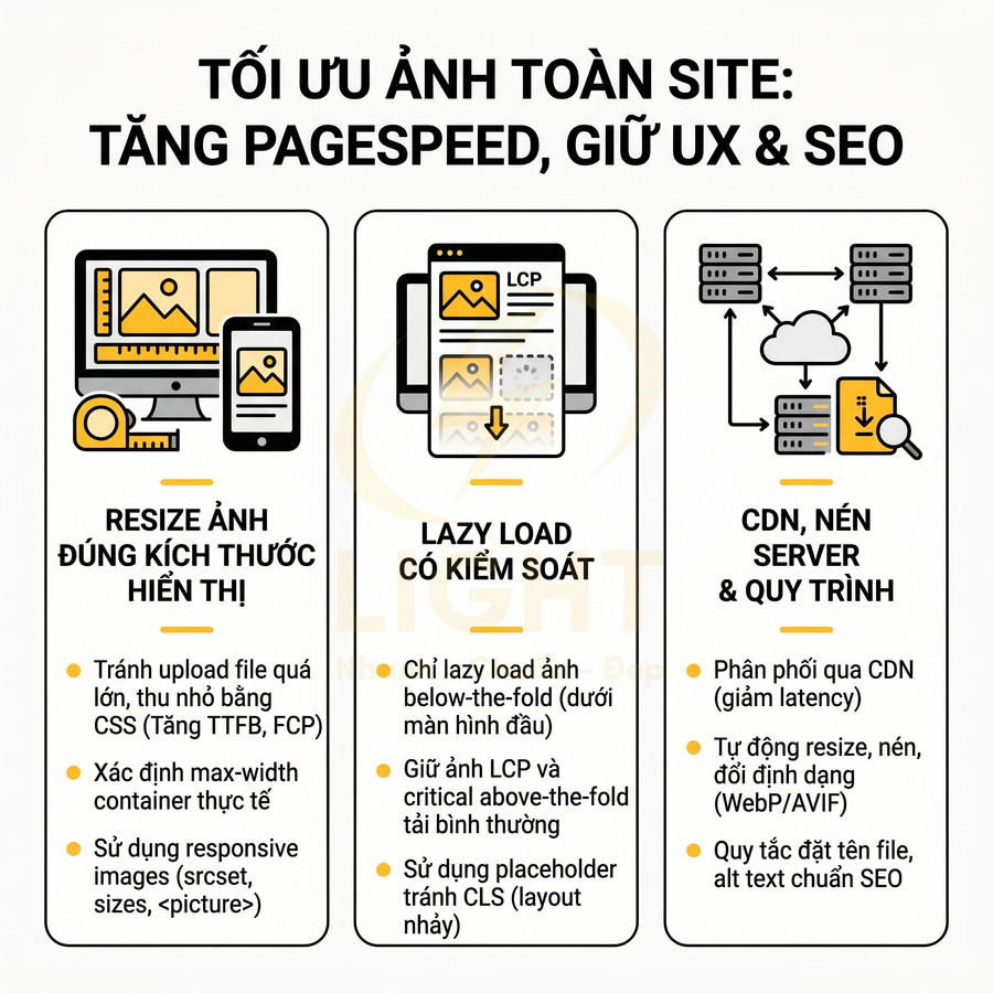 Hướng dẫn tối ưu ảnh website để tăng PageSpeed và giữ trải nghiệm UX SEO với resize, lazy load và CDN nén ảnh