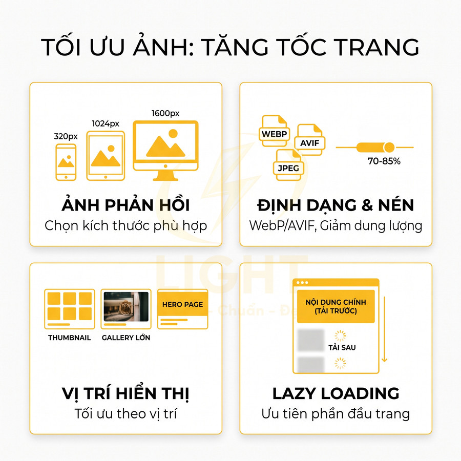 Hướng dẫn tối ưu ảnh tăng tốc website với ảnh phản hồi, định dạng nén, vị trí hiển thị và lazy loading