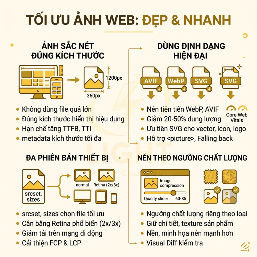 Infographic hướng dẫn tối ưu ảnh web đẹp và nhanh với kích thước, định dạng và nén chất lượng phù hợp