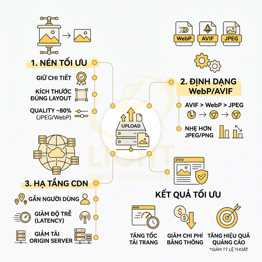 Quy trình tối ưu hình ảnh web với nén, định dạng WebP AVIF, hạ tầng CDN và lợi ích tăng tốc tải trang