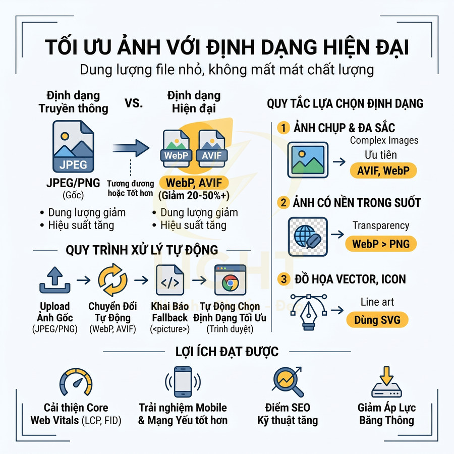 Infographic tối ưu ảnh web với định dạng hiện đại WebP AVIF SVG và quy trình xử lý tự động tăng hiệu suất SEO