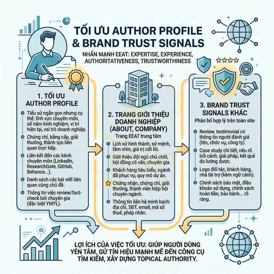 Infographic tối ưu author profile và brand trust signals theo tiêu chí EEAT cho doanh nghiệp và website