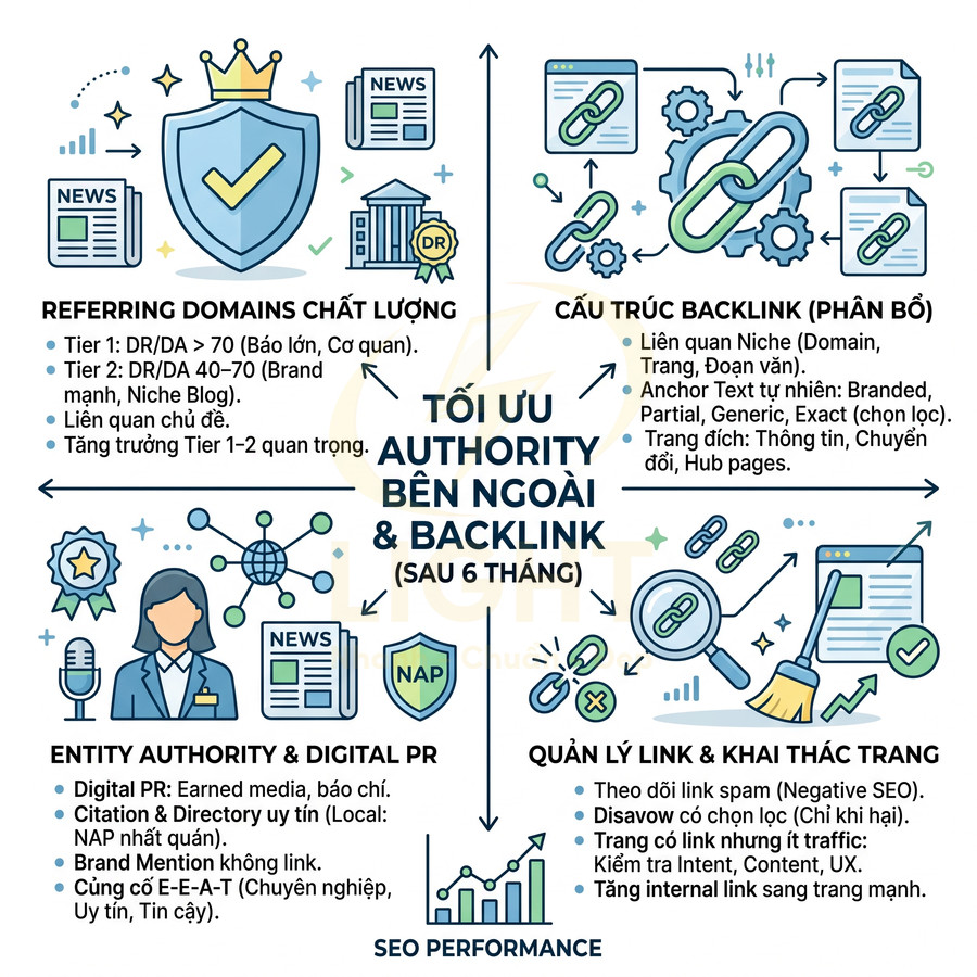 Tối ưu authority bên ngoài và backlink với chiến lược SEO, quản lý link, entity authority và cấu trúc backlink