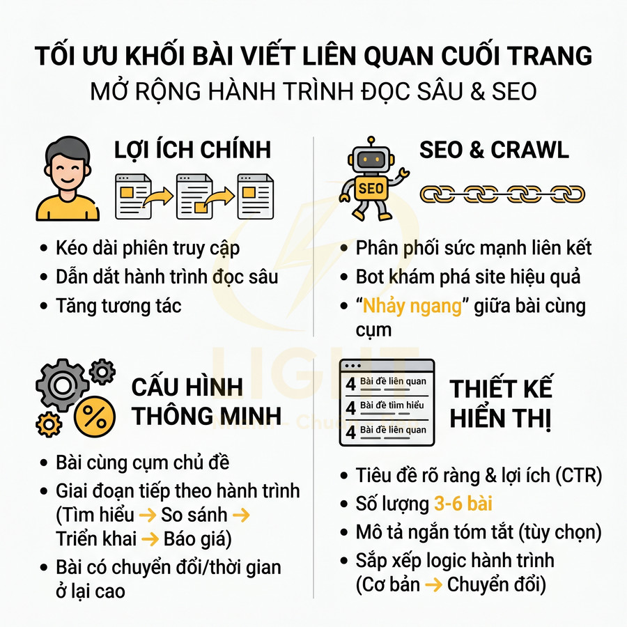 Infographic tối ưu khối bài viết liên quan cuối trang để tăng thời gian truy cập và hiệu quả SEO cho website
