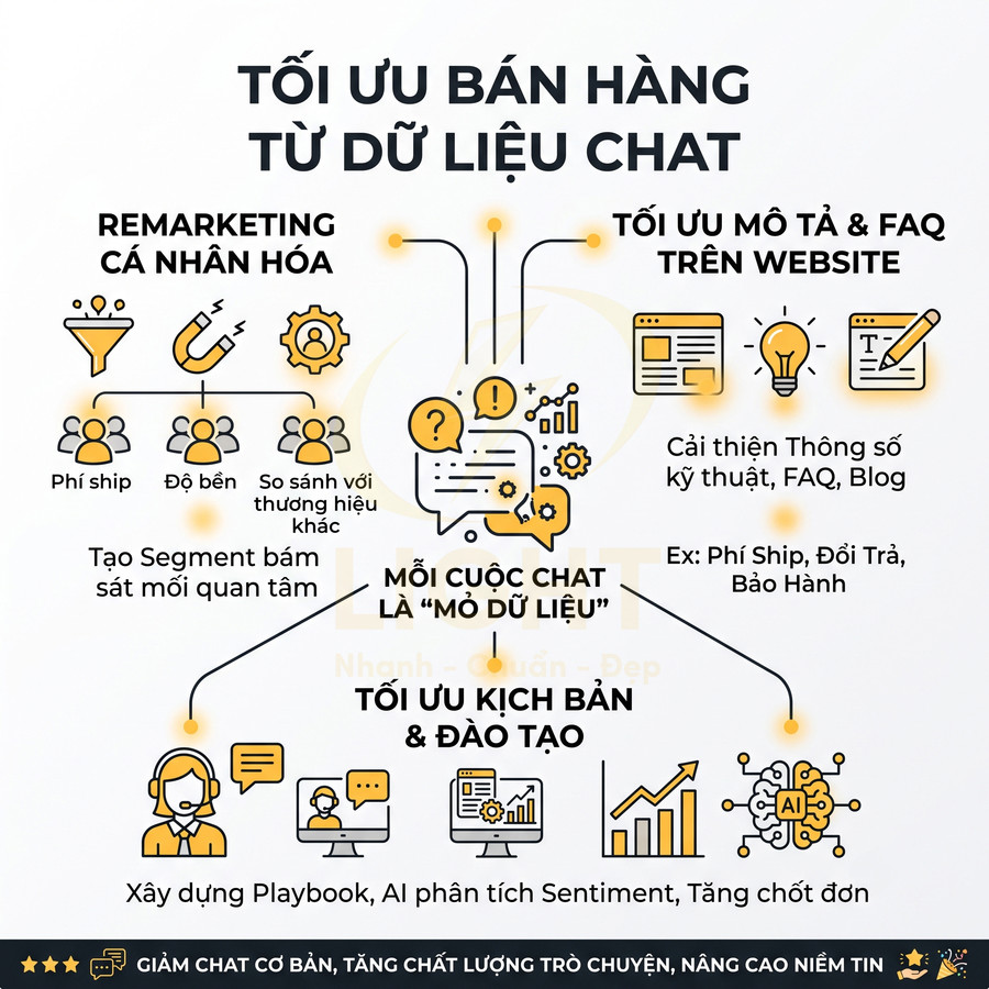 Infographic tối ưu bán hàng từ dữ liệu chat với remarketing cá nhân hóa, tối ưu FAQ website và kịch bản chăm sóc khách hàng