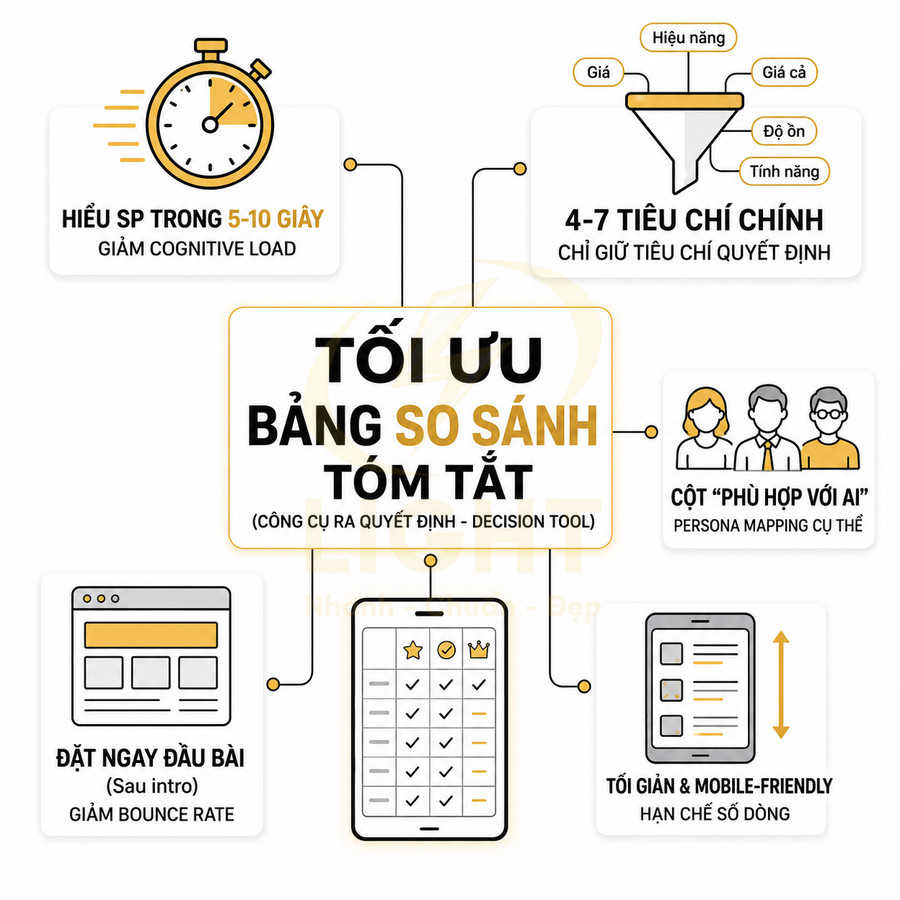 Infographic tối ưu bảng so sánh tóm tắt sản phẩm, nêu lợi ích hiểu nhanh, tiêu chí chính và giao diện mobile friendly