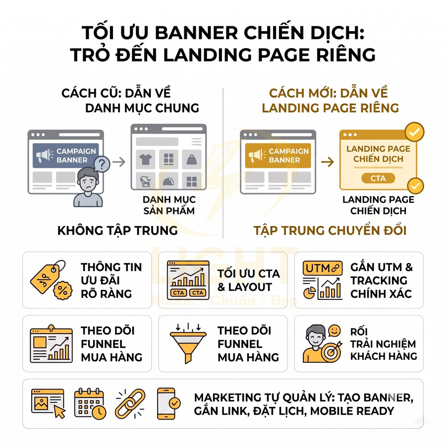 Infographic tối ưu banner chiến dịch dẫn về landing page riêng để tăng chuyển đổi và theo dõi hiệu quả marketing