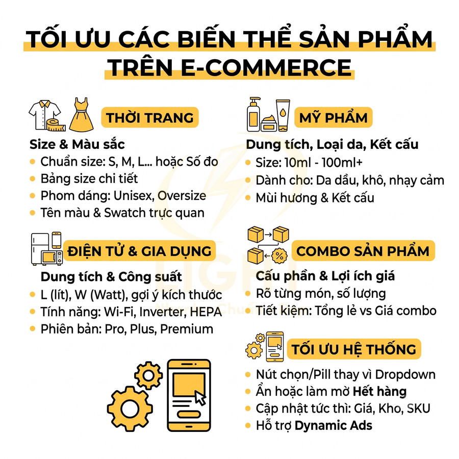 Hướng dẫn tối ưu biến thể sản phẩm thời trang, mỹ phẩm, điện tử, combo và hệ thống trên sàn e commerce