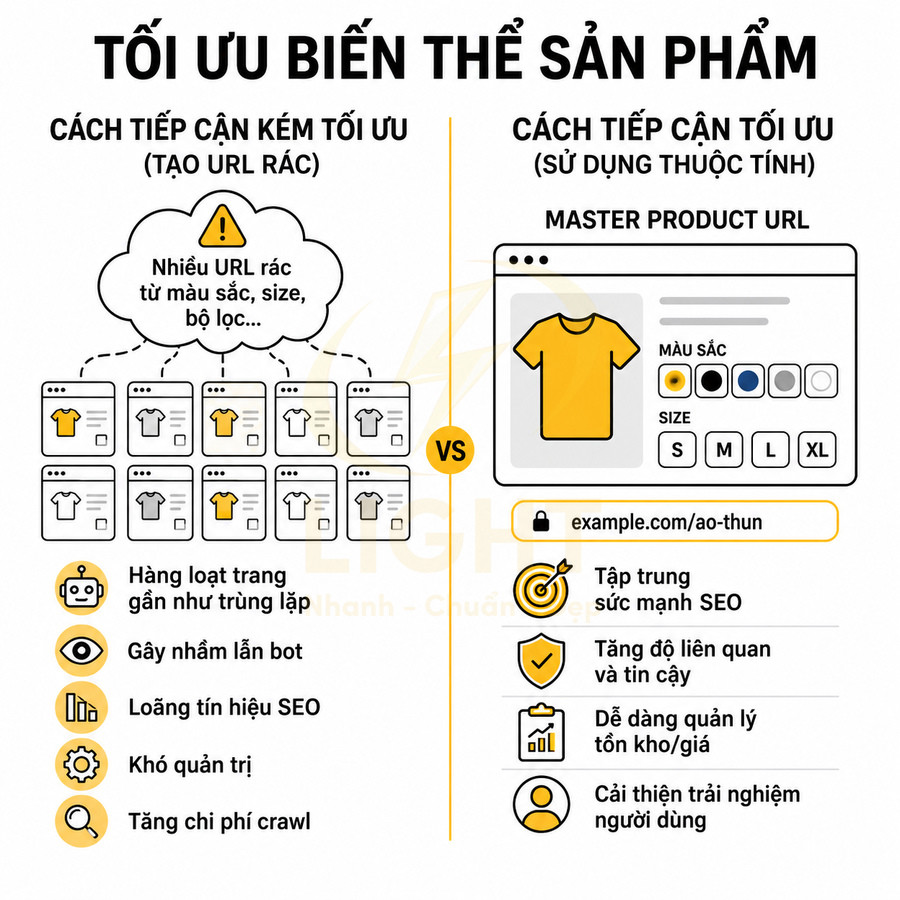 Minh họa tối ưu biến thể sản phẩm áo thun với một URL chính và thuộc tính màu sắc size để tăng hiệu quả SEO