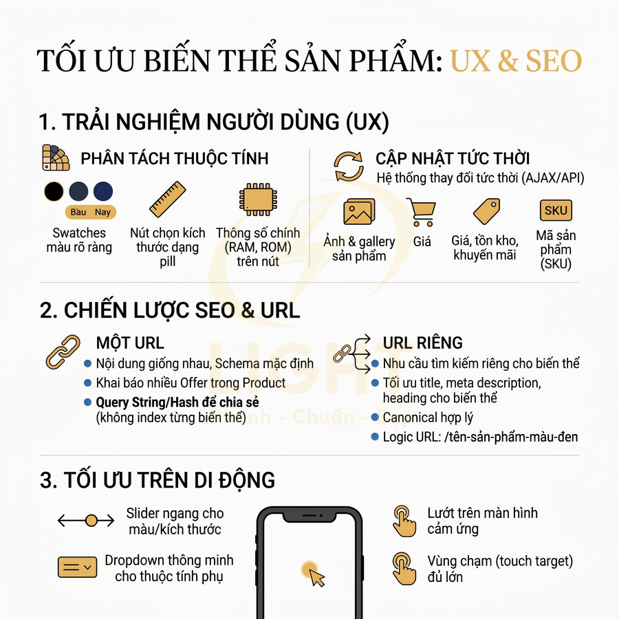 Infographic tối ưu biến thể sản phẩm cho UX và SEO với hướng dẫn trải nghiệm người dùng và tối ưu trên di động