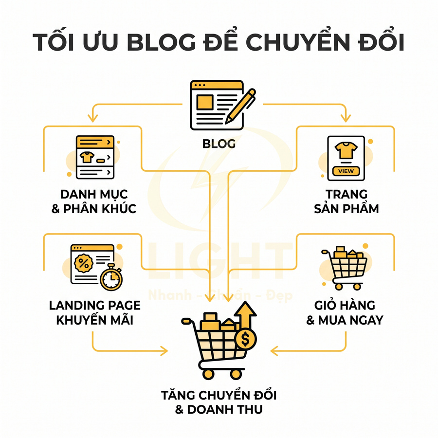 Sơ đồ tối ưu blog liên kết danh mục, trang sản phẩm, landing page đến giỏ hàng để tăng chuyển đổi doanh thu
